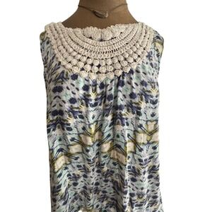 Blue Ikat Print Crochet Lace Bib Sleeveless Top floral flowy boho XL cottagecore